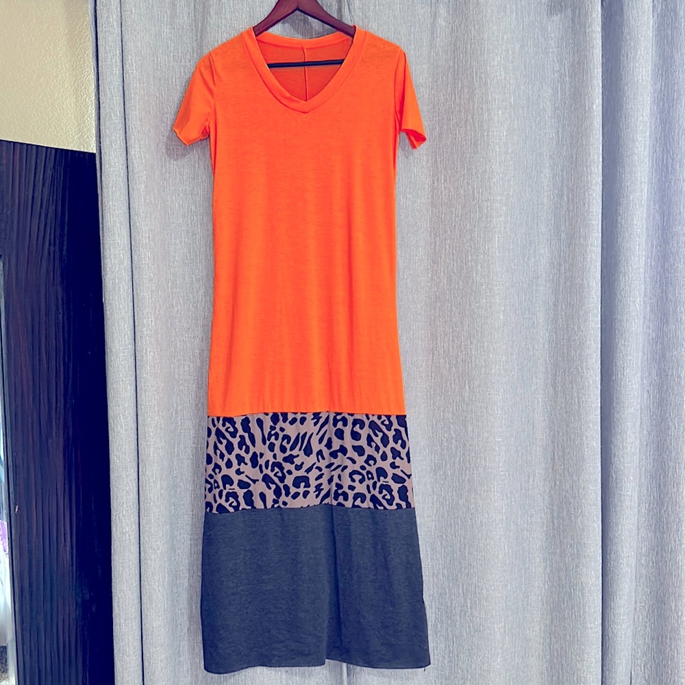 Orange, leopard and grey t-shirt dress